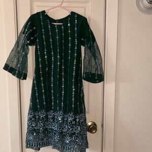 Elegant Green Kids Dress and pants set with Silver Embroidery